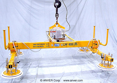 ANVER Electric Powered Vacuum Generator (240 V) with Four Pad Lifting Frame with Silicone Sealing Rings for Lifting & Handling Titanium Sheet and Plate at 300° Temperatures, 11 ft x 11 ft (3.4 m x 3.4 m) up to 4000 lb (1814 kg)